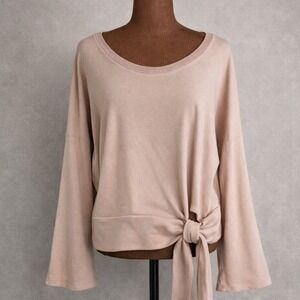 Bell Sleeve Tie Waist Top Womens L Blush Beige Lanston Revolve NWT Scoop Neck
